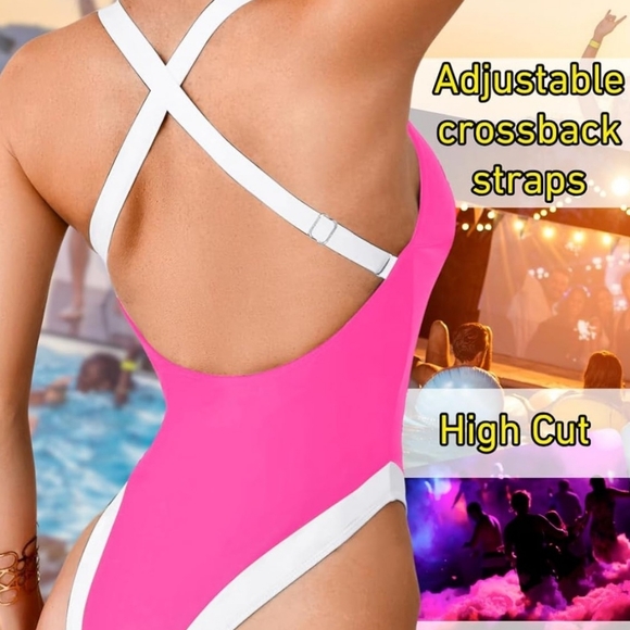 Pink and White Plunge V Neck Women's Swimsuit Size Large - Picture 2 of 4